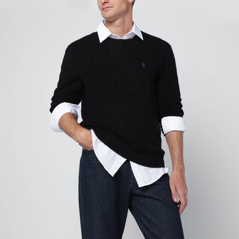 Black cable-knit cashmere sweater