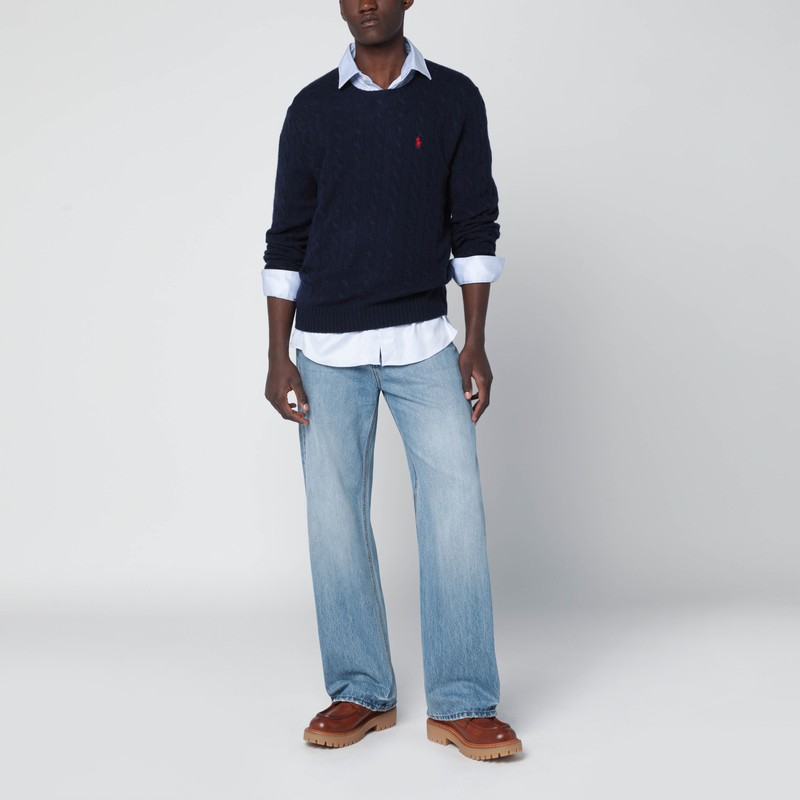 Polo Ralph Lauren Navy Blue Cable Knit Jumper In Wool And Cashmere In Blue