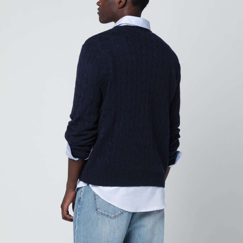 Polo Ralph Lauren Navy Blue Cable Knit Jumper In Wool And Cashmere In Blue