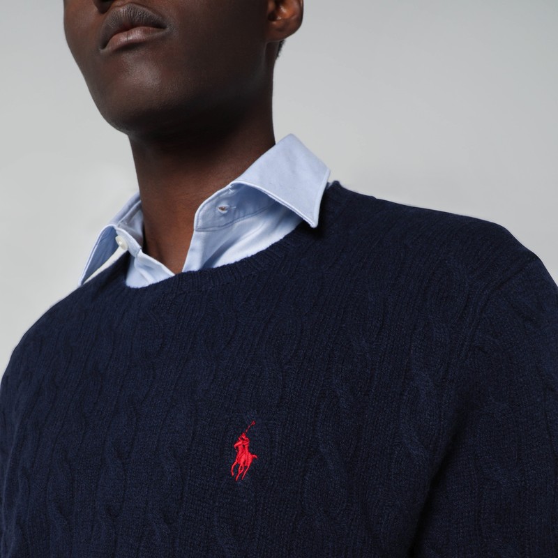 Polo Ralph Lauren Navy Blue Cable Knit Jumper In Wool And Cashmere In Blue