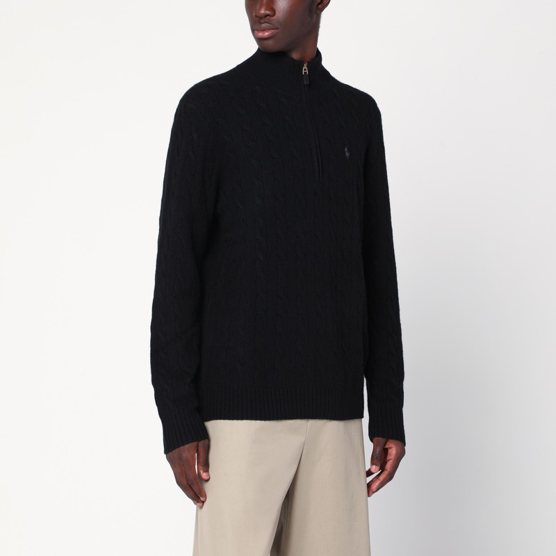 Polo Ralph Lauren Black Zip Sweater In Cotton With Braids Regular-fit In Black