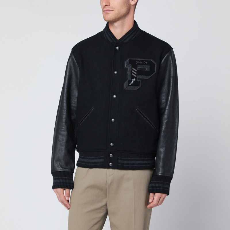 Black wool-blend Letterman jacket