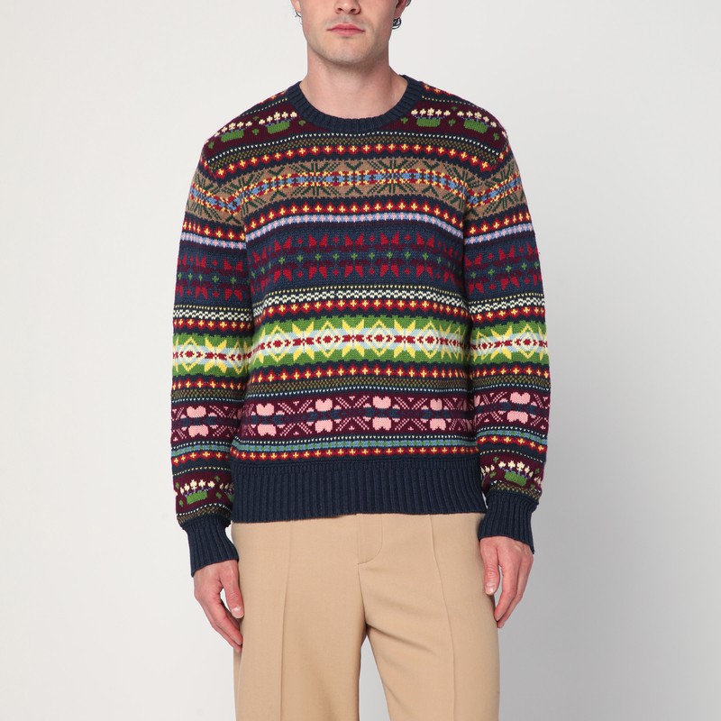 Multicolored crew neck sweater with intarsia