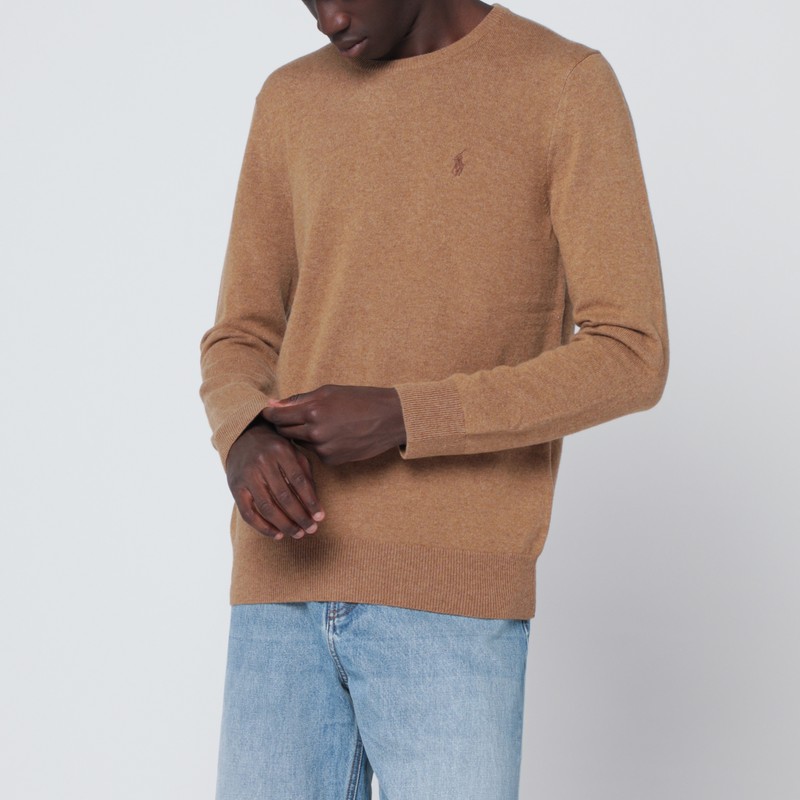 Polo Ralph Lauren Wool Crew Neck Sweater With Ribbed Cuffs In Brown