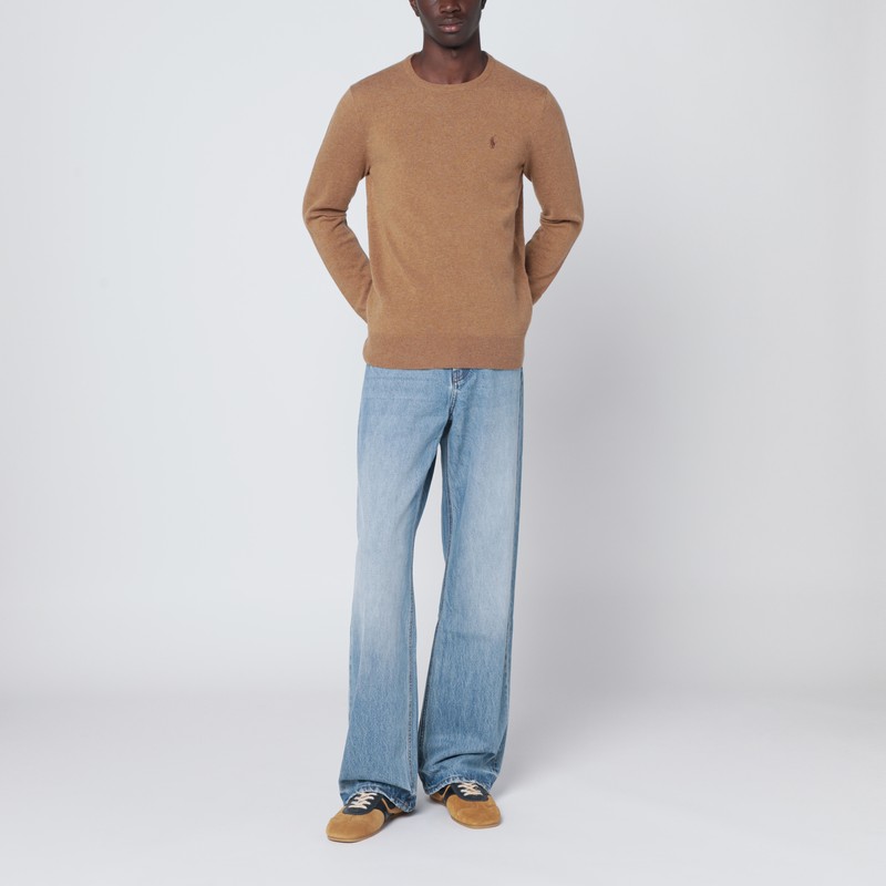 Polo Ralph Lauren Wool Crew Neck Sweater With Ribbed Cuffs In Brown