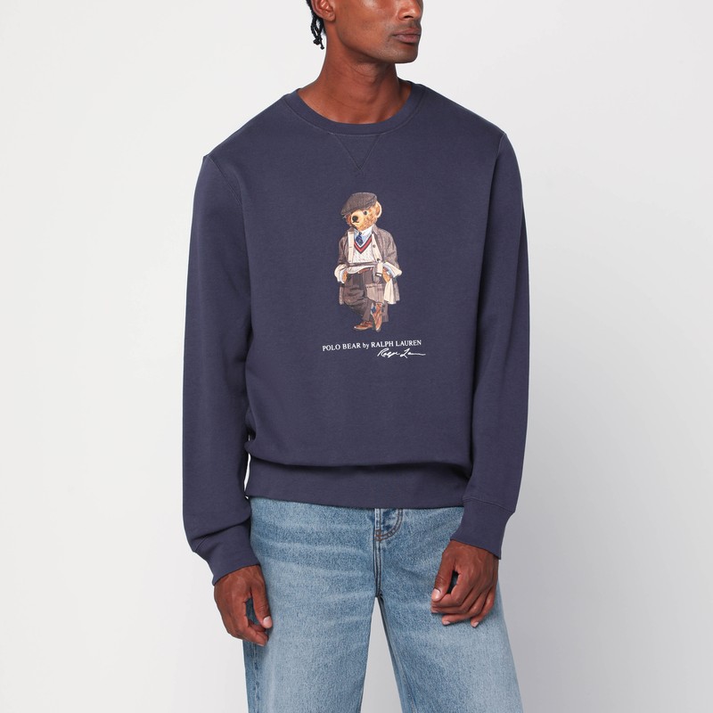 Polo Ralph Lauren Navy Blue Cotton Blend Sweatshirt With Iconic Bear Logo In Blue