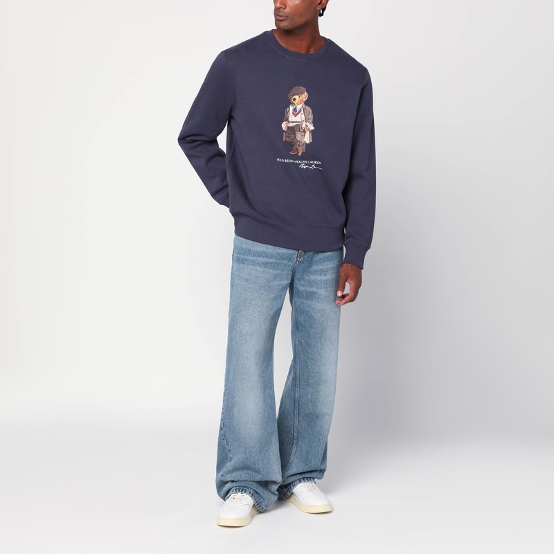 Polo Ralph Lauren Navy Blue Cotton Blend Sweatshirt With Iconic Bear Logo In Blue