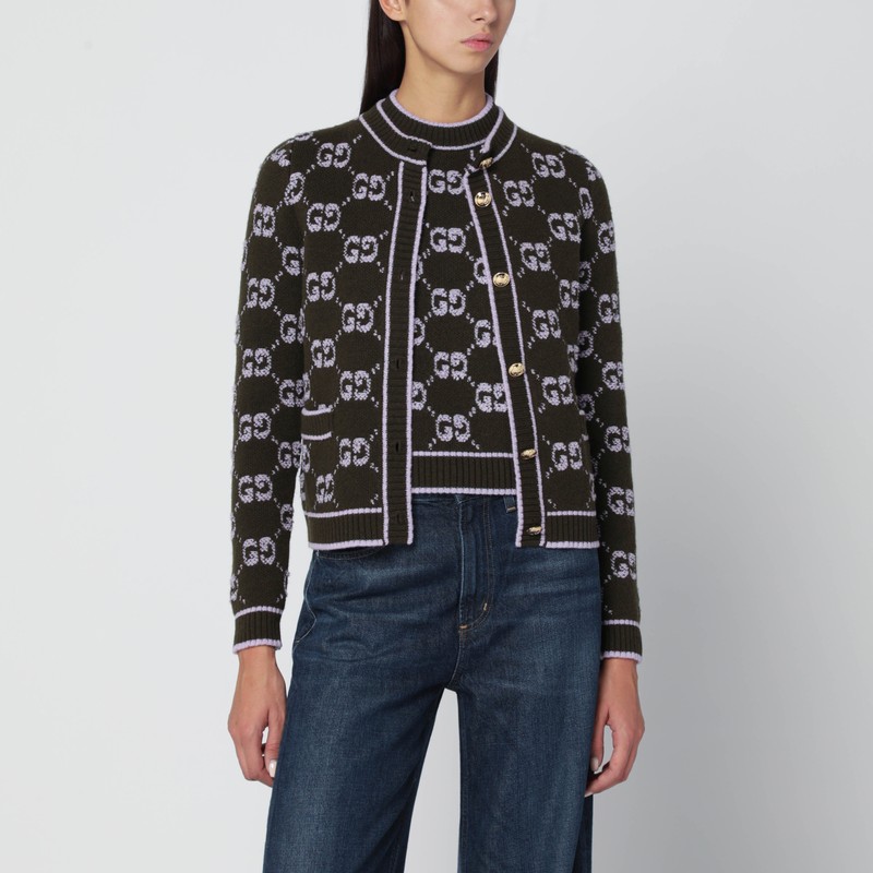 Military green/lilac cardigan with GG jacquard bouclé