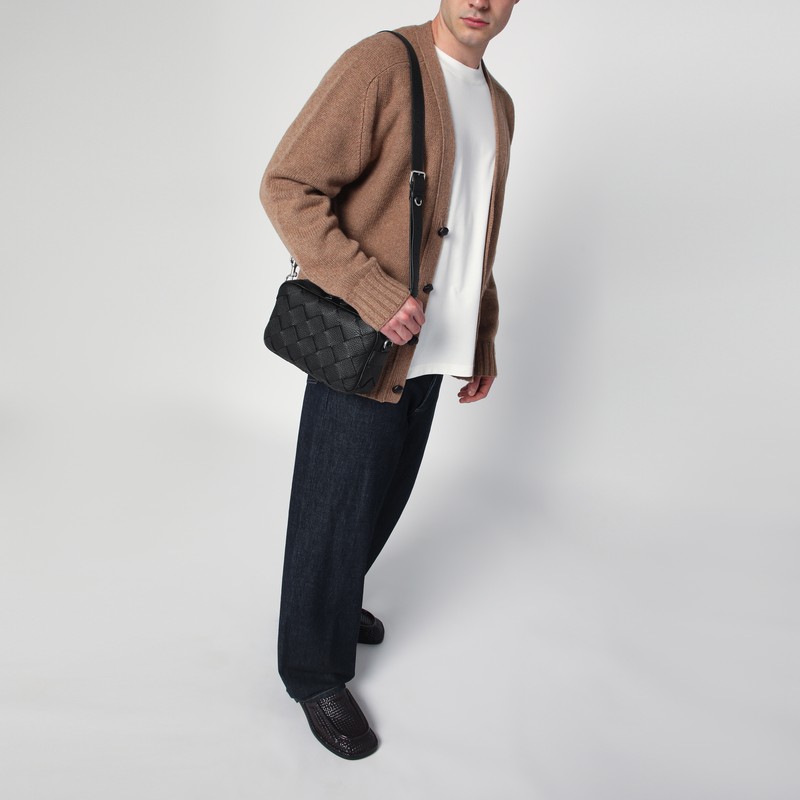 Bottega Veneta Small Black Camera Bag In Intrecciato