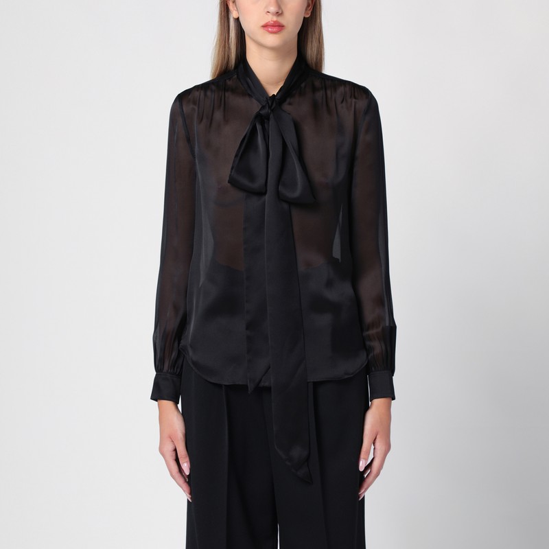 Black silk shirt with bow at neck