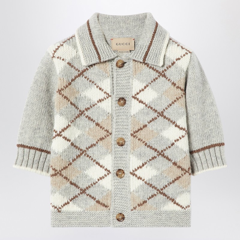 Cardigan with grey/beige argyle inlay