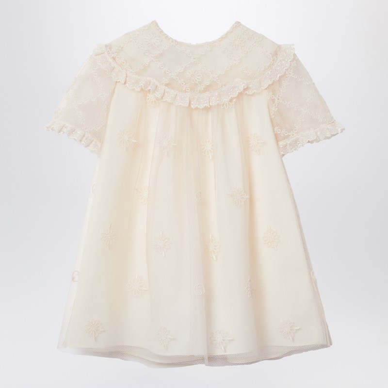 Ivory nylon tulle dress with floral embroidery