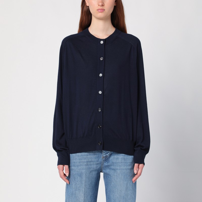 Bottega Veneta Navy Blue Stretch Linen Blend Cardigan In Blue