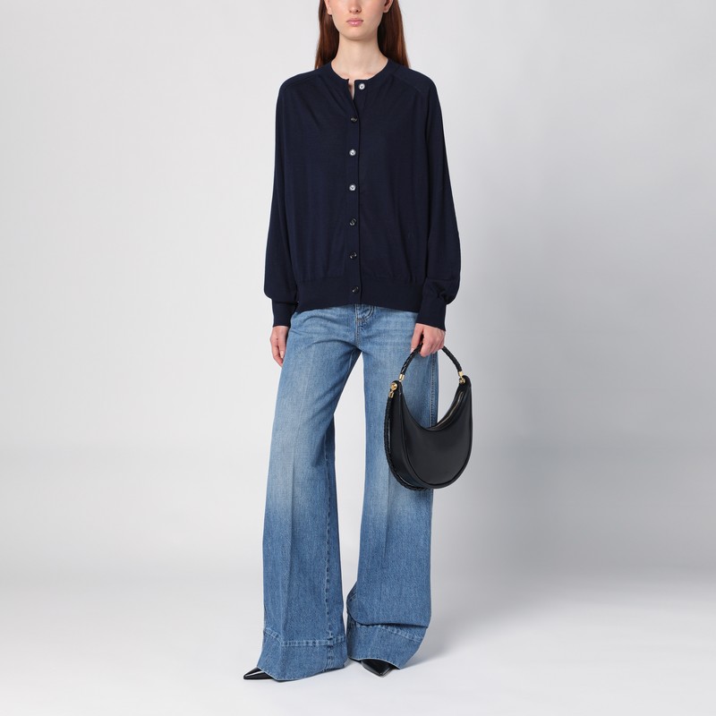 Bottega Veneta Navy Blue Stretch Linen Blend Cardigan In Blue