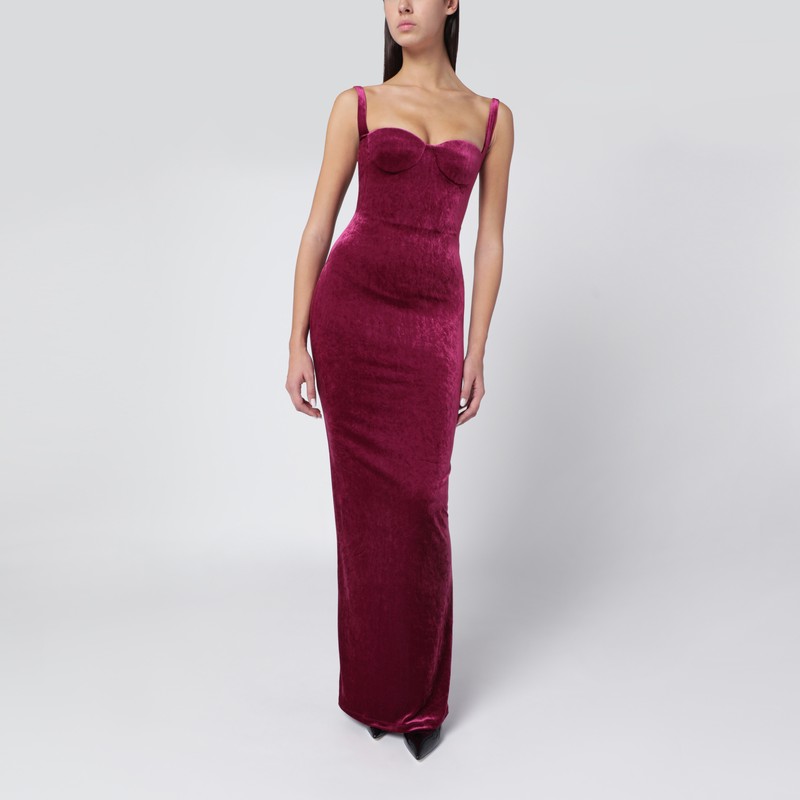 Long plum-colored velvet dress