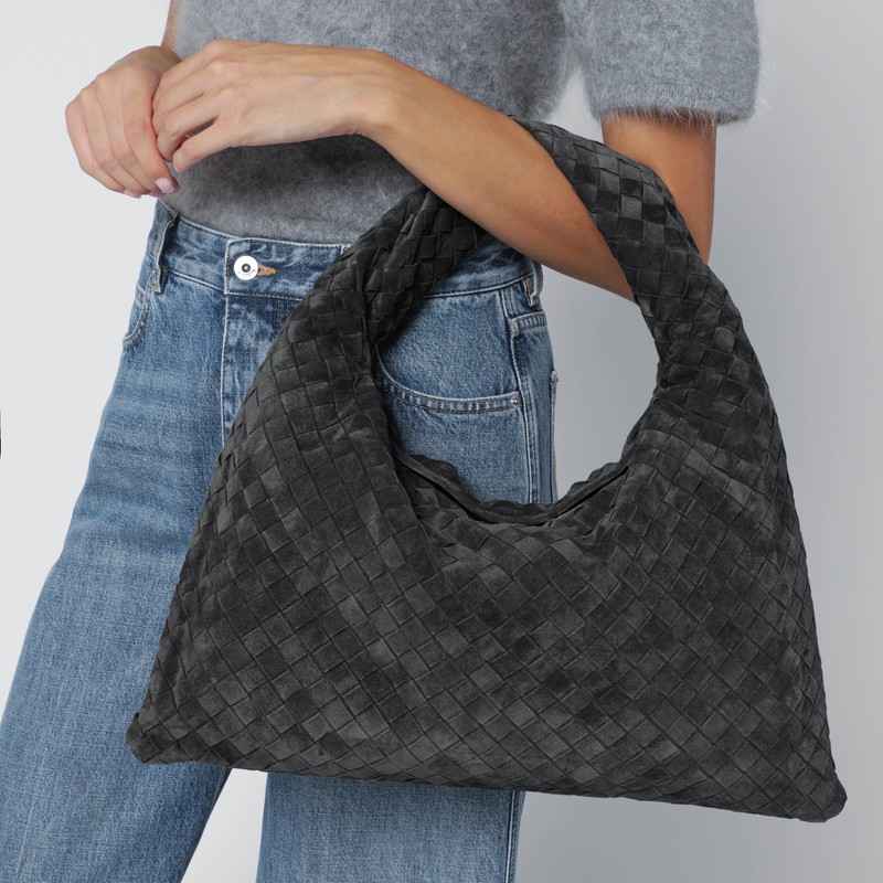 Bottega Veneta Small Hop Shoulder Bag In Graphite Suede In Gray