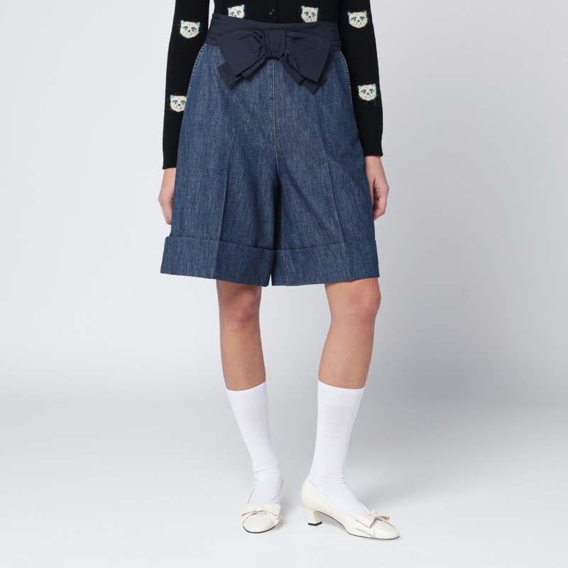 Valentino Garavani Denim Bermuda Shorts With Oversized Bow In Blue
