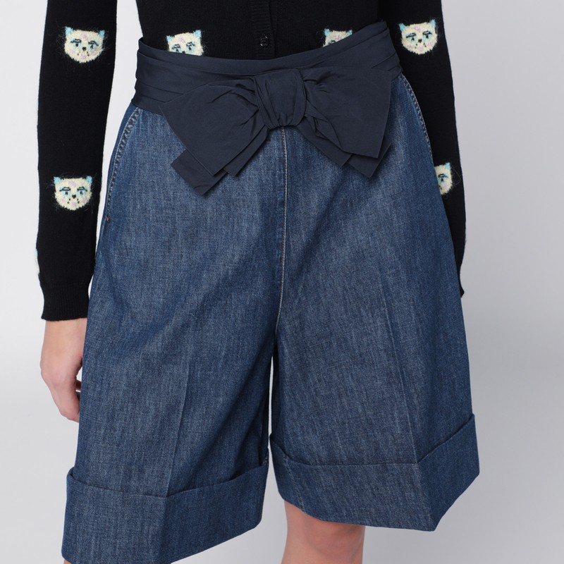 Valentino Garavani Denim Bermuda Shorts With Oversized Bow In Blue