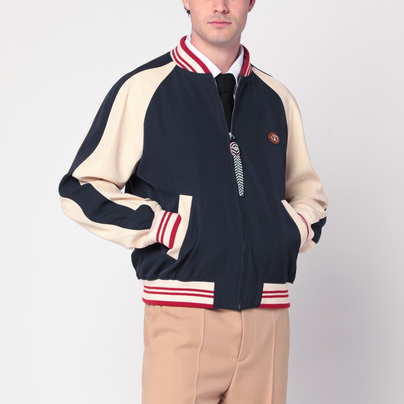 Valentino Sporty Bomber Jacket With Embroidered Details In Blue