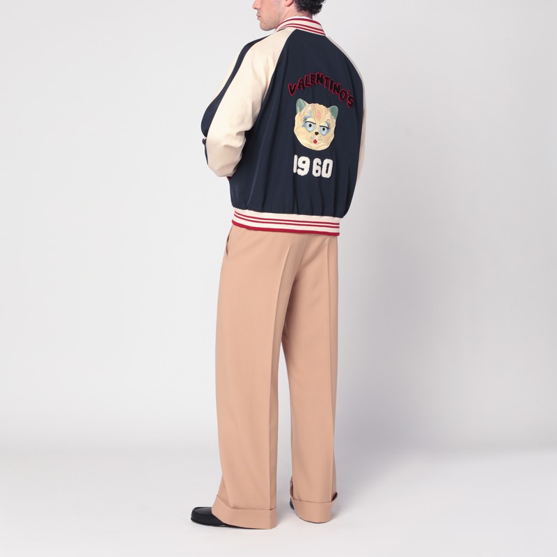Valentino Sporty Bomber Jacket With Embroidered Details In Blue