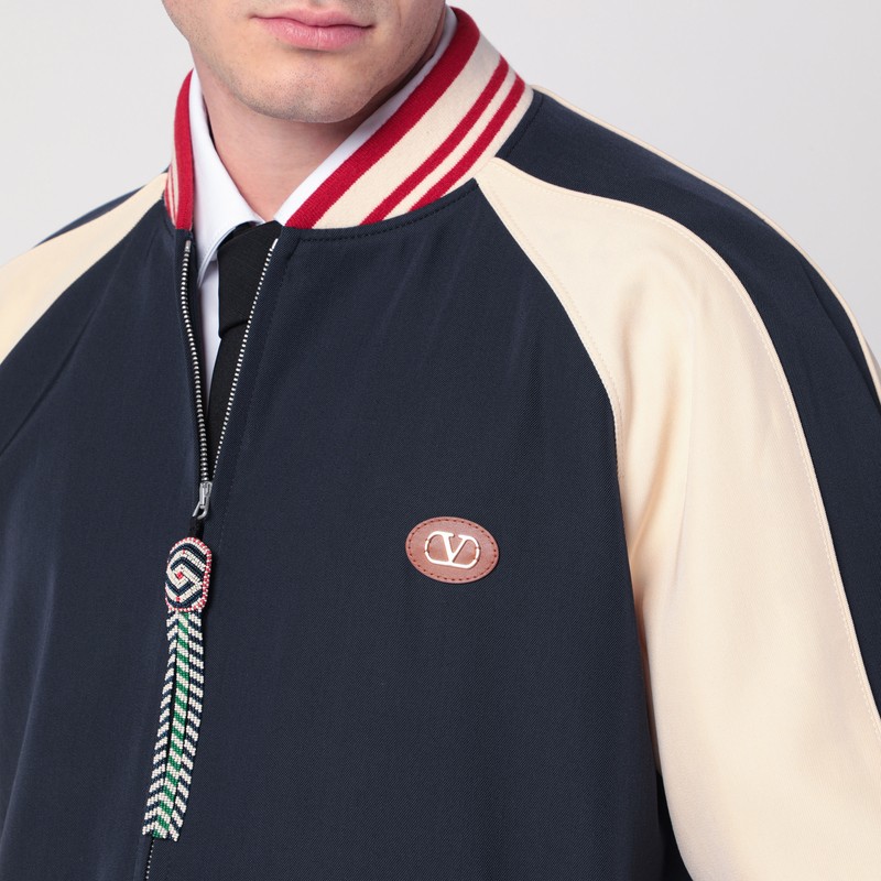 Valentino Sporty Bomber Jacket With Embroidered Details In Blue