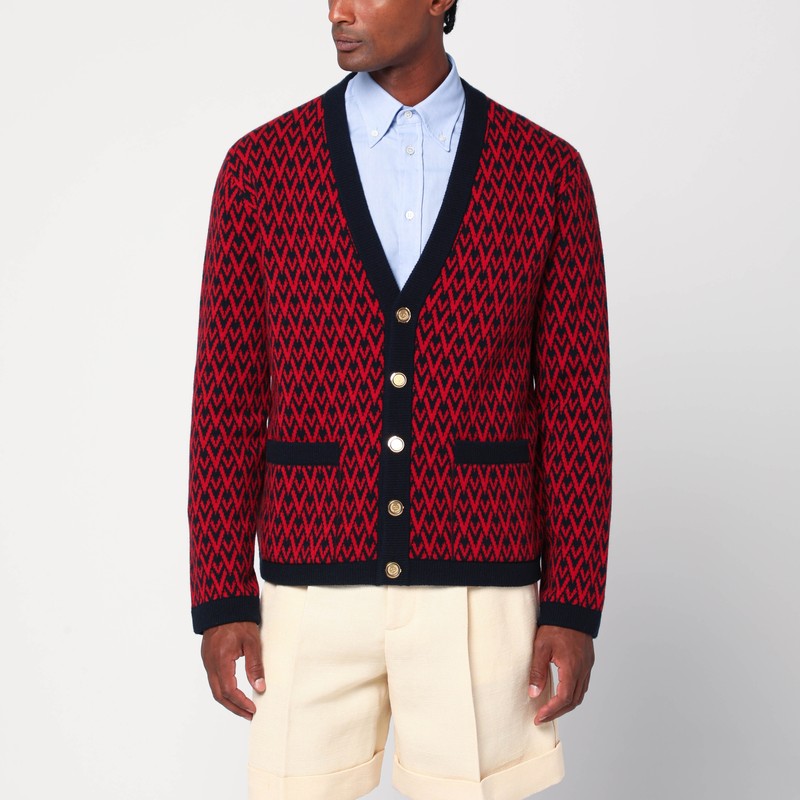 Valentino Garavani Patterned-intarsia Wool Cardigan In Red