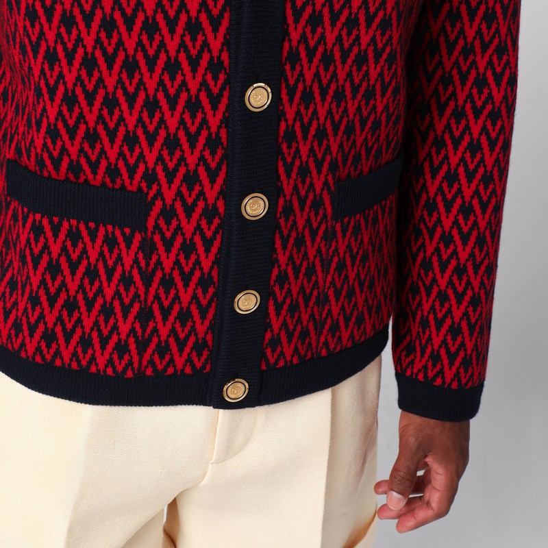 Valentino Garavani Patterned-intarsia Wool Cardigan In Red