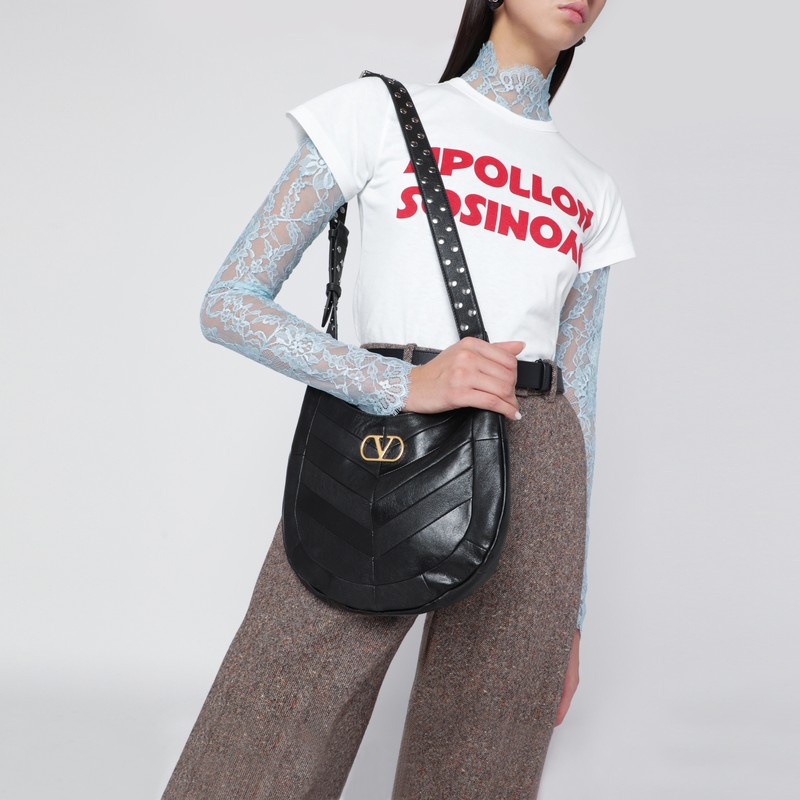 Valentino Small Hoboho Bag In Black Chevron-pattern Nappa In Black