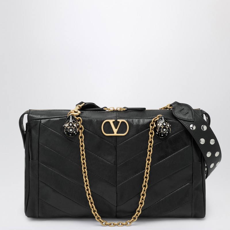 Valentino Panthea Bag In Black Chevron-pattern Nappa In Black