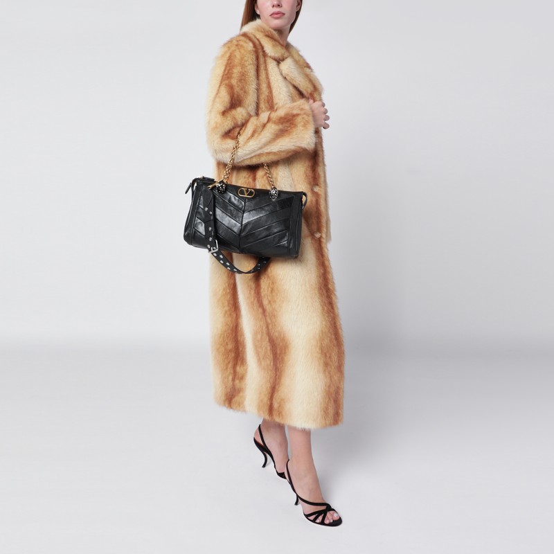 Valentino Panthea Bag In Black Chevron-pattern Nappa In Black