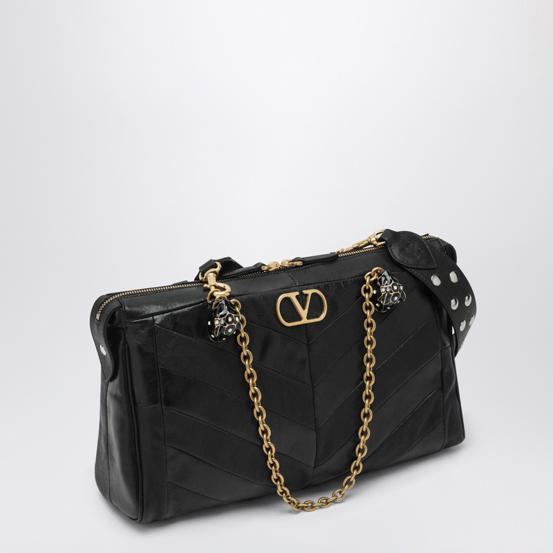 Valentino Panthea Bag In Black Chevron-pattern Nappa In Black