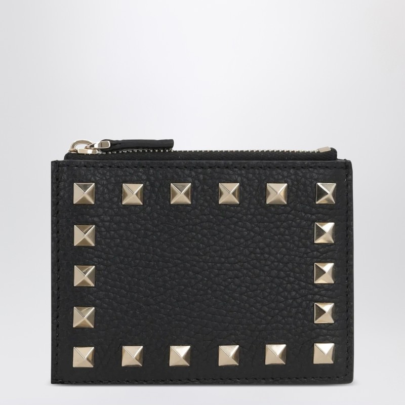 Rockstud zipped card holder in black leather