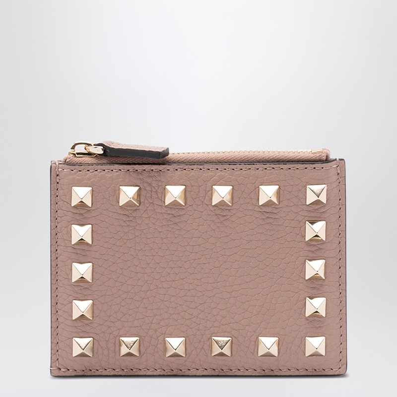 Rockstud zipped card holder in powder pink leather