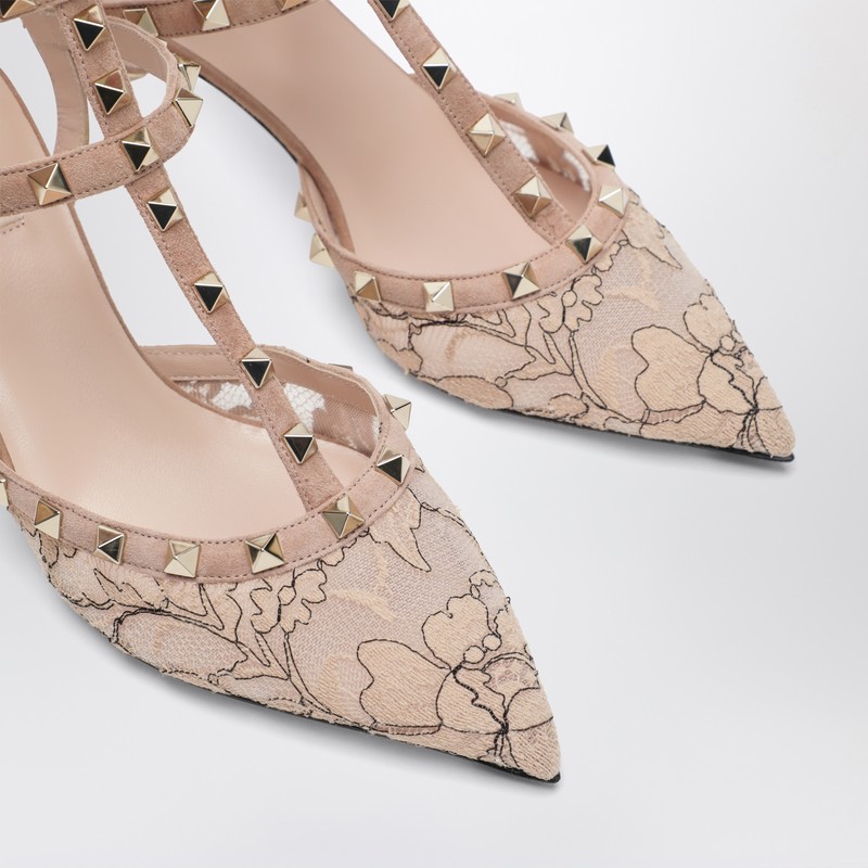 Valentino Rockstud 65 Lace And Suede Pumps In Black