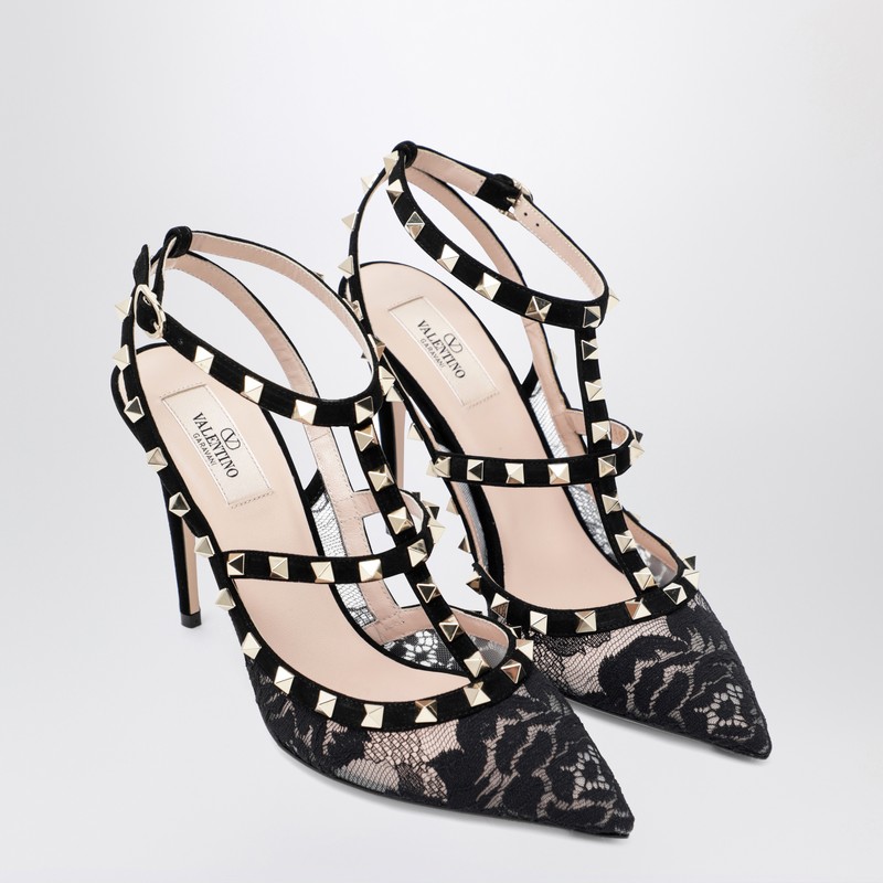 Valentino High Black Rockstud Lace Pumps In Animal Print