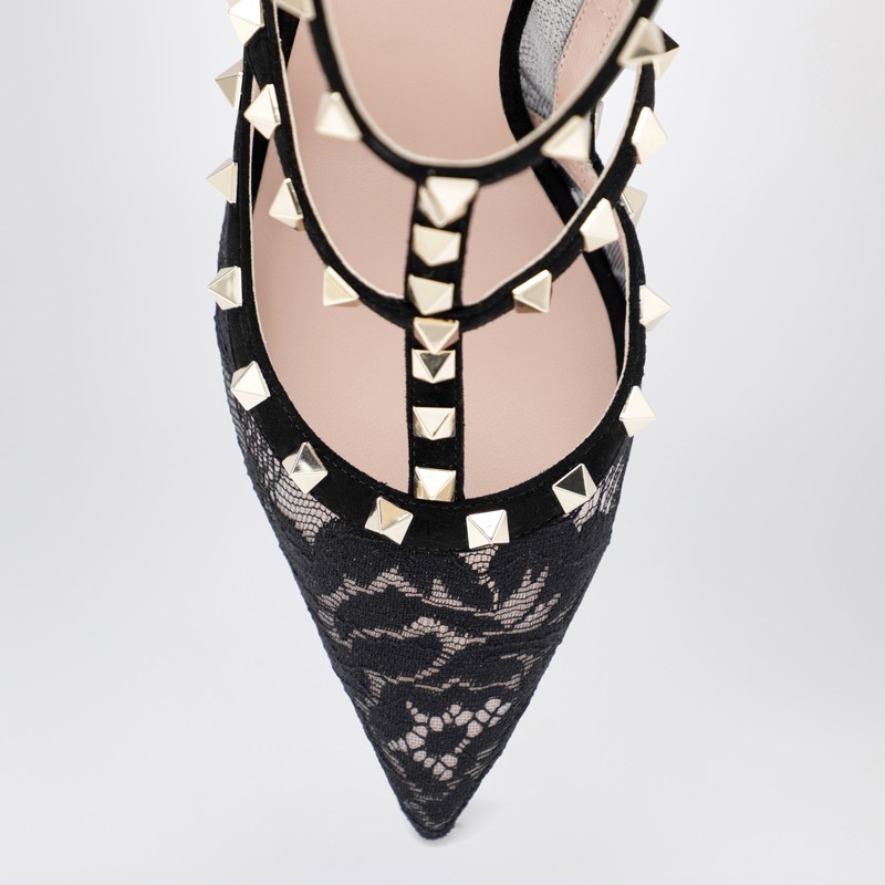 Valentino High Black Rockstud Lace Pumps In Animal Print