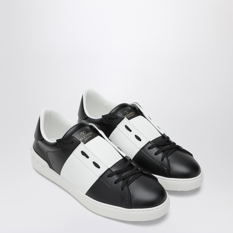 Valentino Garavani Black Leather Open Sneakers With White Band In Multi