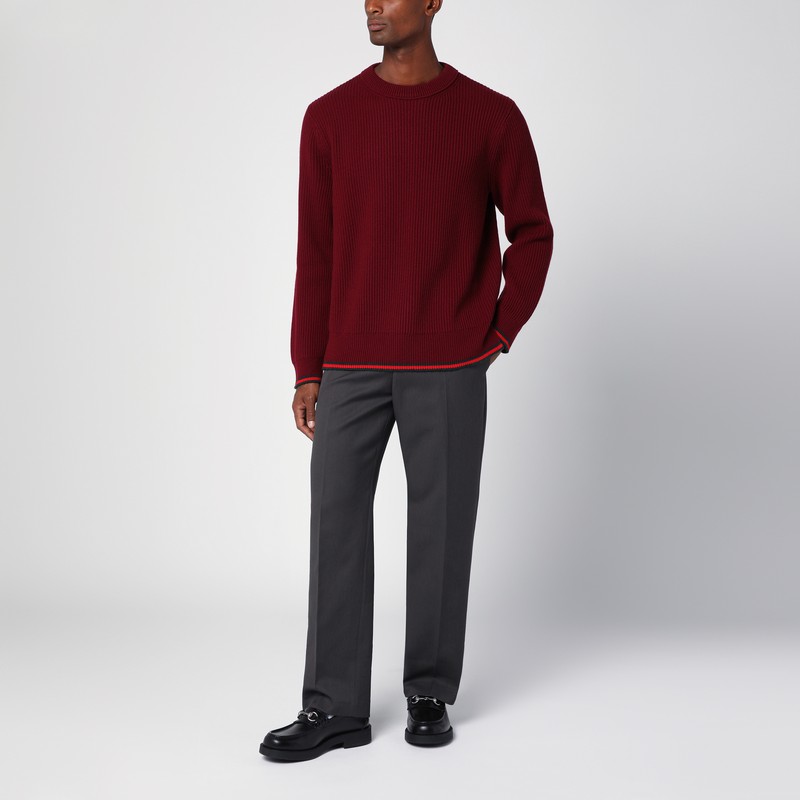 Gucci Red Crewneck Sweater With Web Detail In Ribbed Wool Blend Man In Multicolor