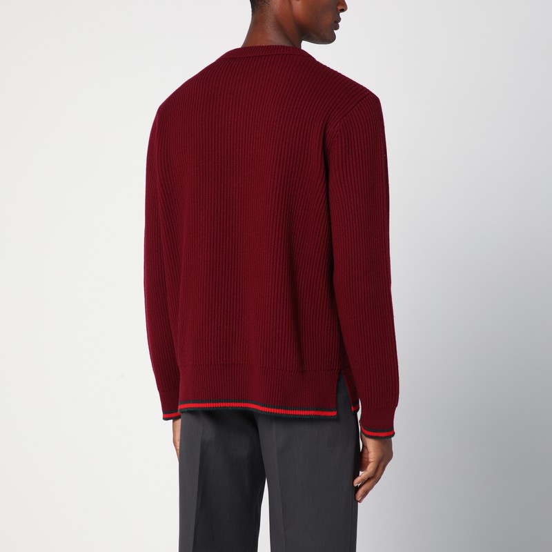 Gucci Red Crewneck Sweater With Web Detail In Ribbed Wool Blend Man In Multicolor