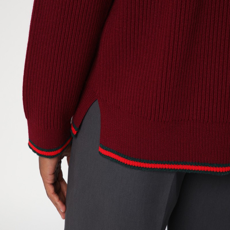 Gucci Red Crewneck Sweater With Web Detail In Ribbed Wool Blend Man In Multicolor