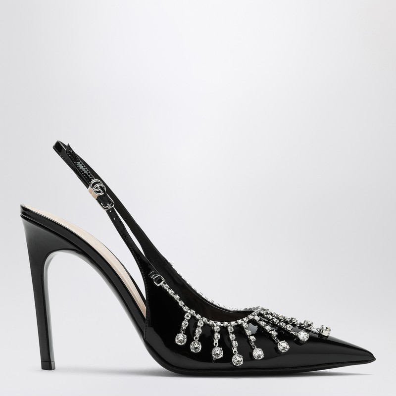 Black patent leather pump with crystal chain
