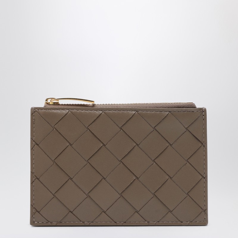 Beige zip cardholder in Intrecciato