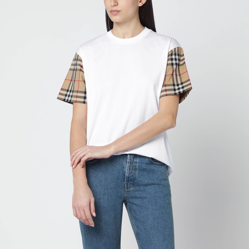 Burberry White T-shirt With Check-pattern Sleeves