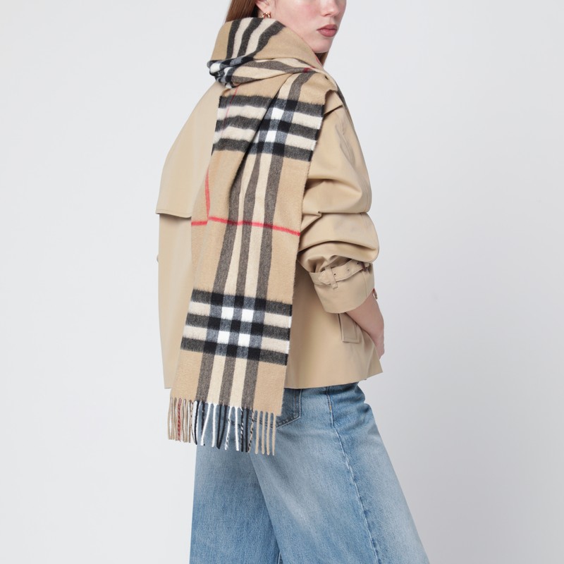 Burberry Cashmere Scarf With Check Motif In Sand