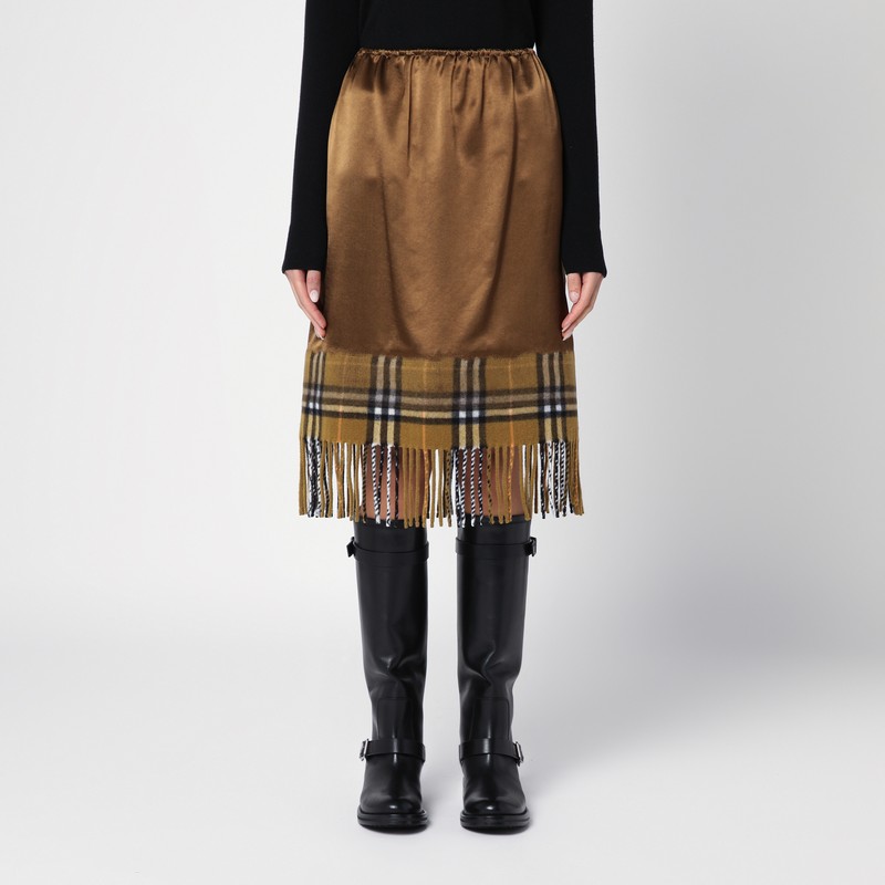 Burberry Checked Midi Fringed Skirt In Brown