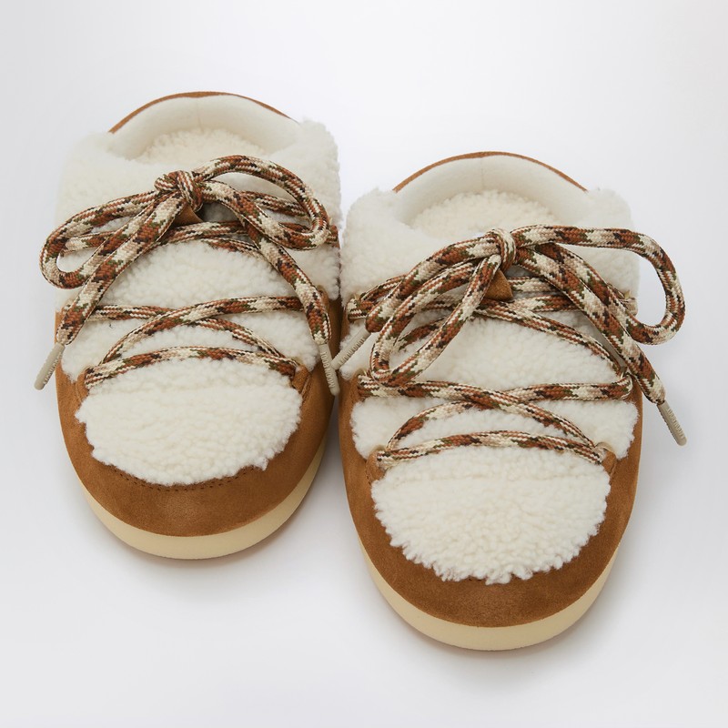 Moon Boot Shearling Mules With Suede Trims In Brown