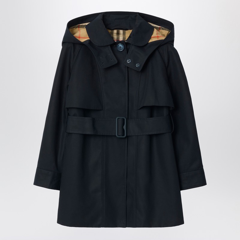Single-breasted navy blue cotton trench coat