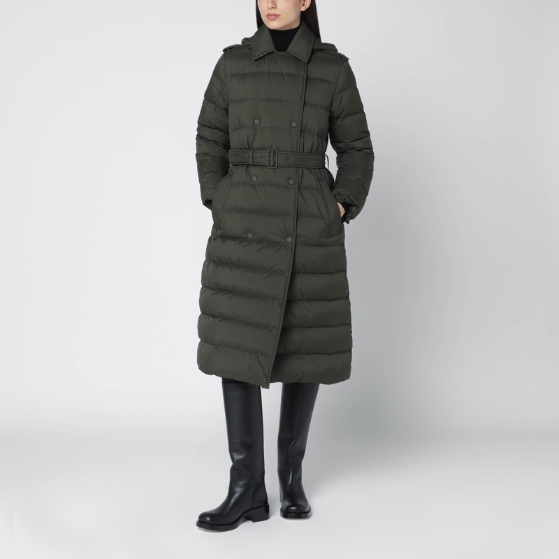 Burberry Dark Green Double-breasted Padded Coat With Belt In Green