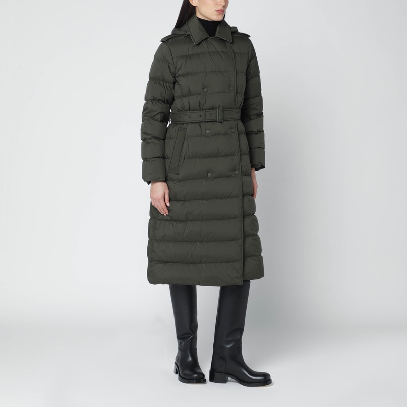 Burberry Dark Green Double-breasted Padded Coat With Belt In Green