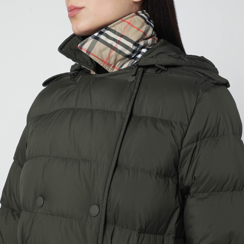 Burberry Dark Green Double-breasted Padded Coat With Belt In Green